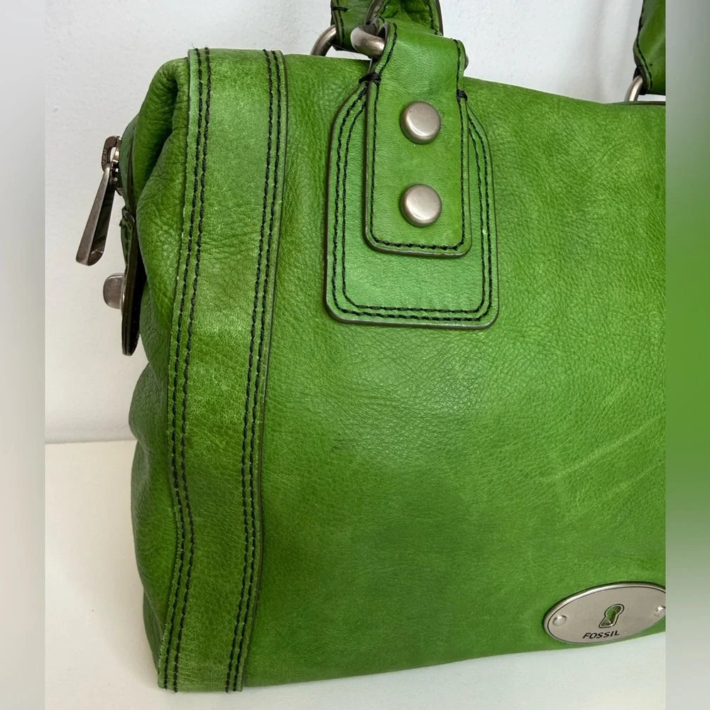 Fossil Kelly Green Pebble Leather Marlow Satchel Bag Purse Top Zip Closure